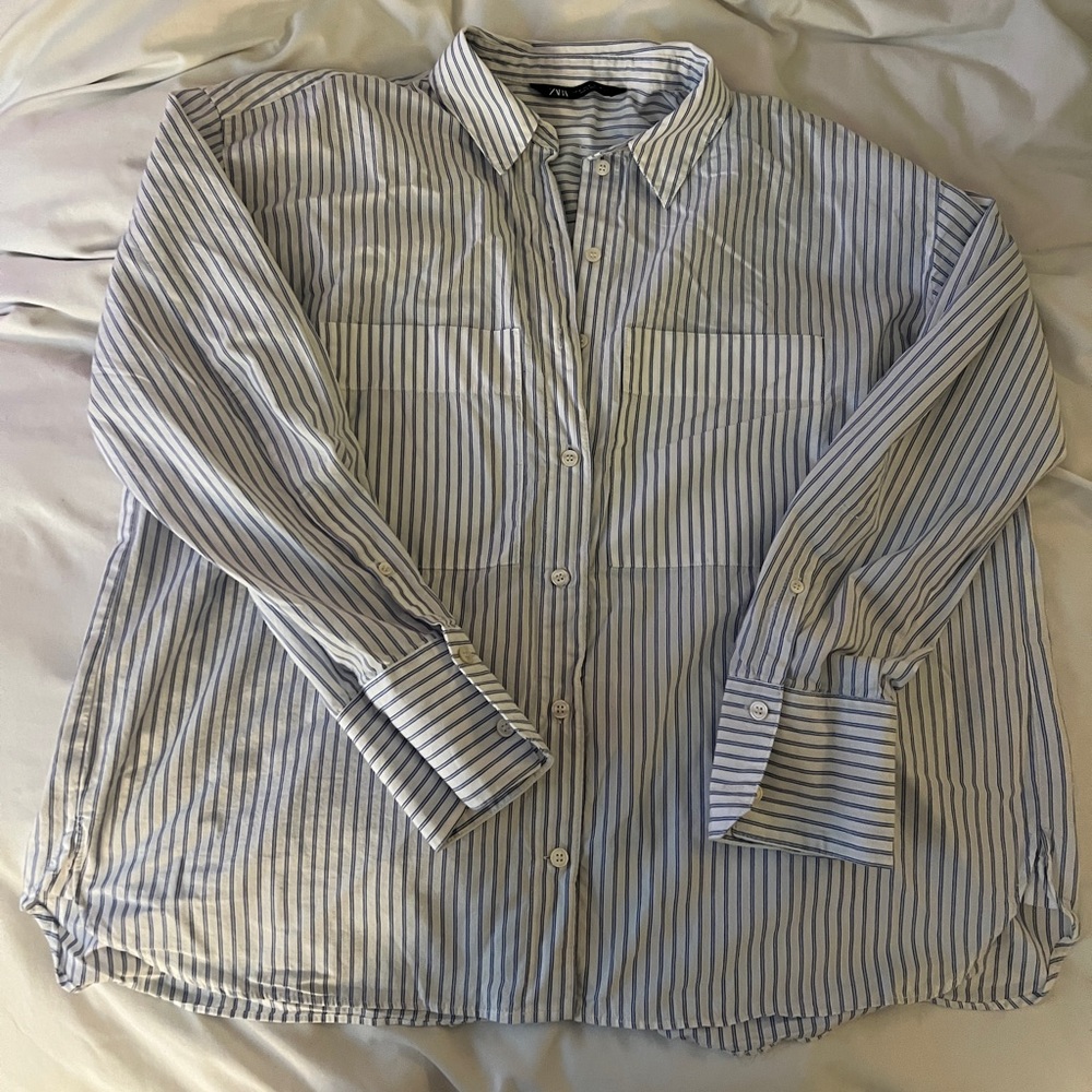 Blue Striped Cotton Button Down Shirt